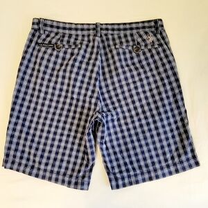 US Polo Blue Plaid Shorts Cotton Casual Size 34 Men's Flat Front Chino Trunks